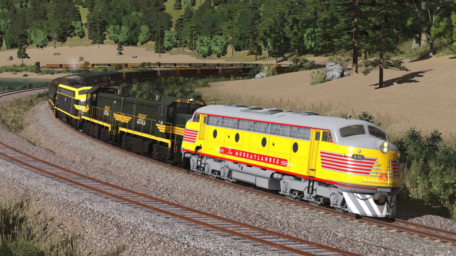 Freight locomotives rounding a curve in Pioneer Bay
